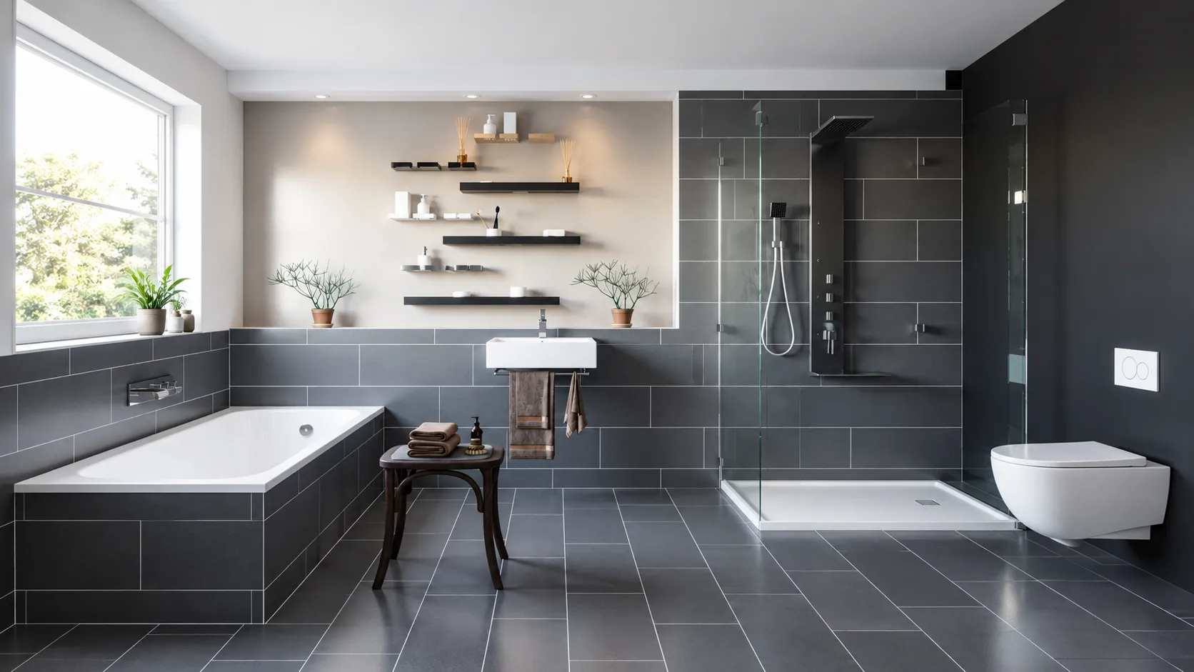 Bathroom with dark grey wall and floor tiles, bathtub and walk-in shower