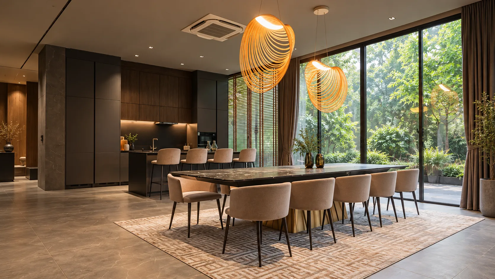 Dining space with large windows and a stone-look floor