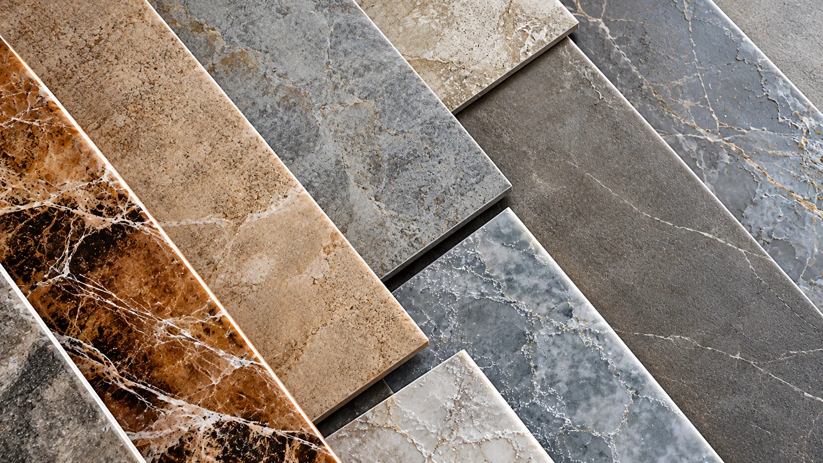 Close-up of marble-effect porcelain tiles in warm and grey tones