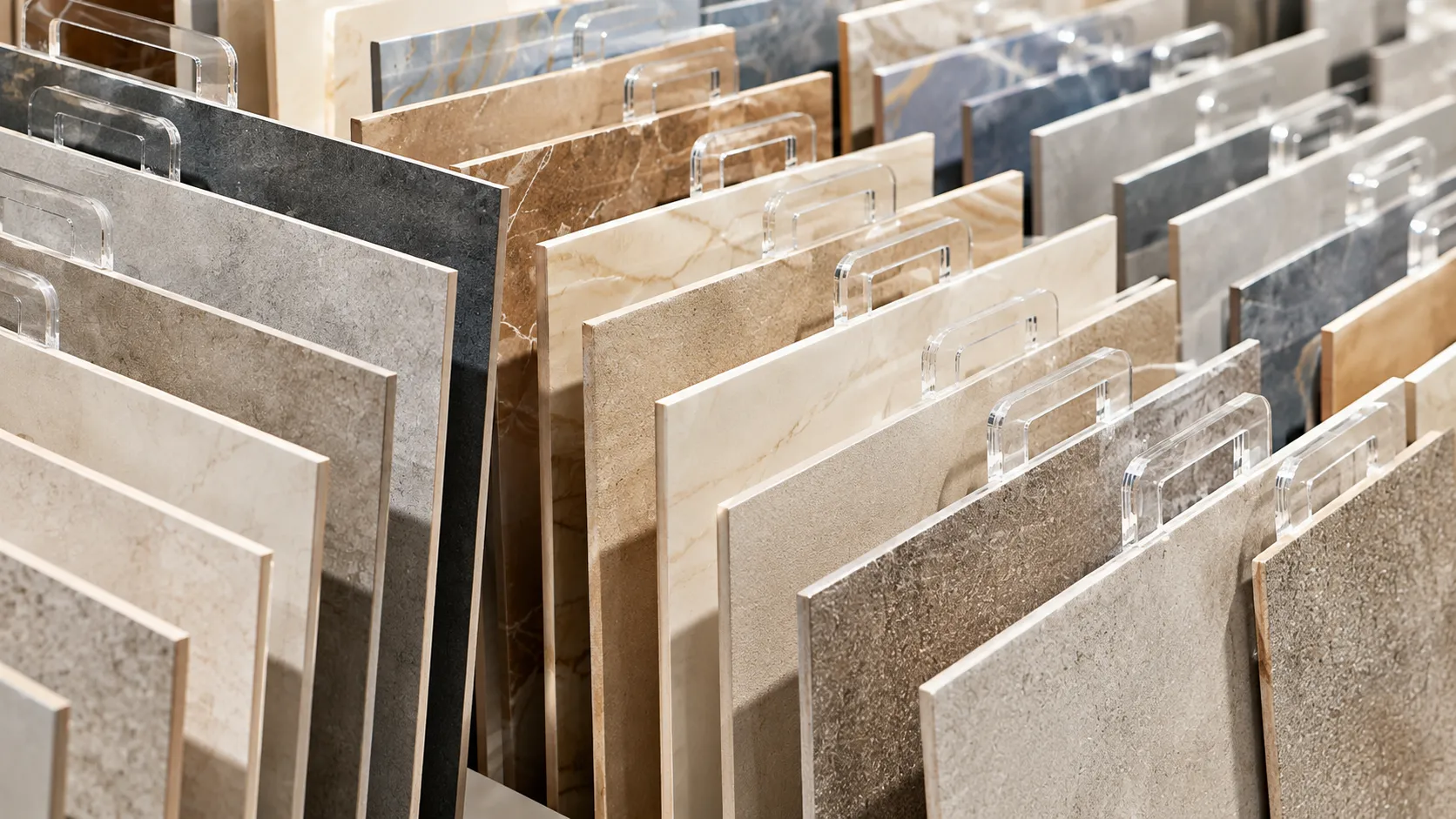 Rack of large-format tile samples in stone and marble finishes
