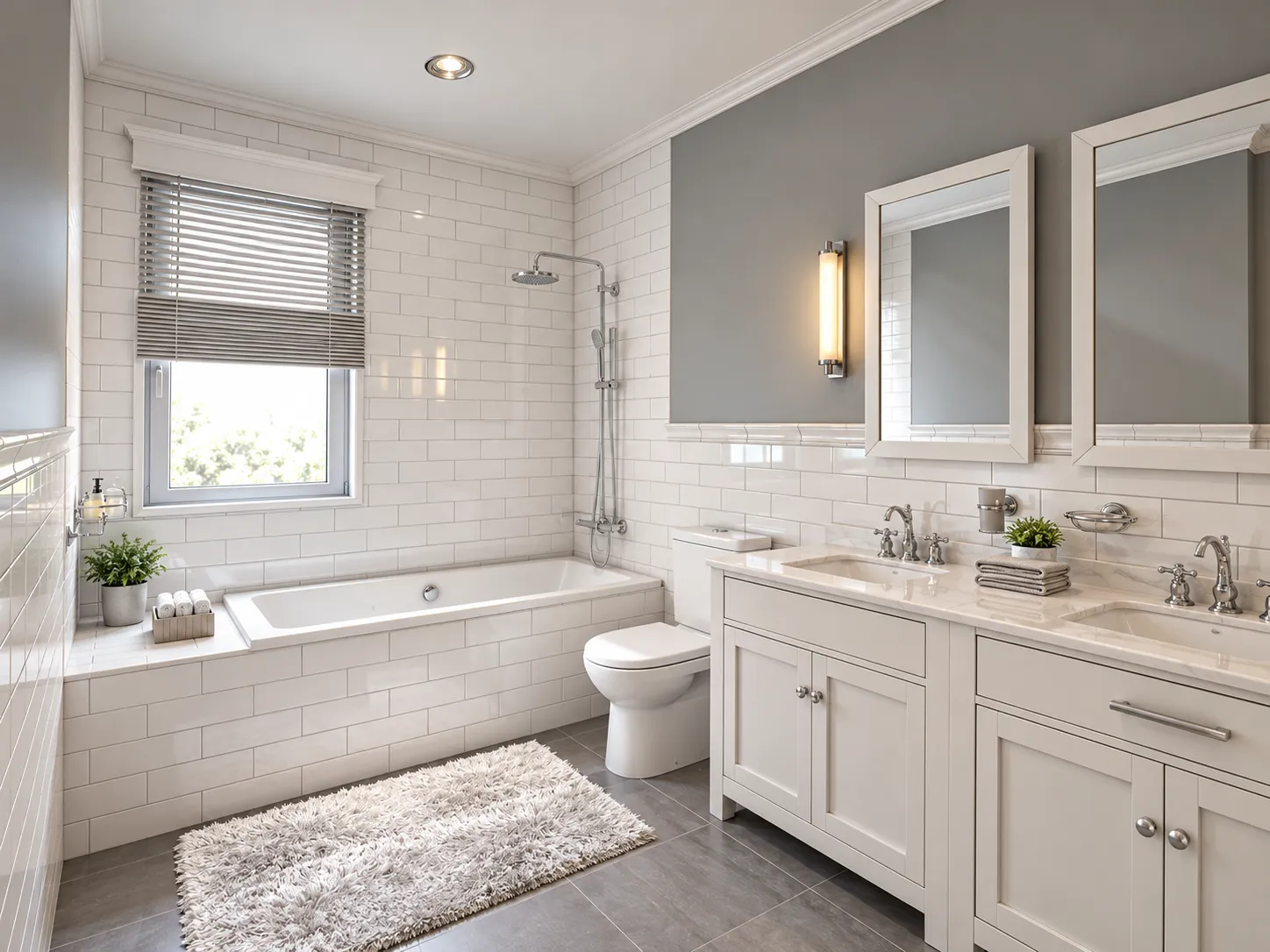 Bathroom with white tiled walls, bathtub, double vanity and shower
