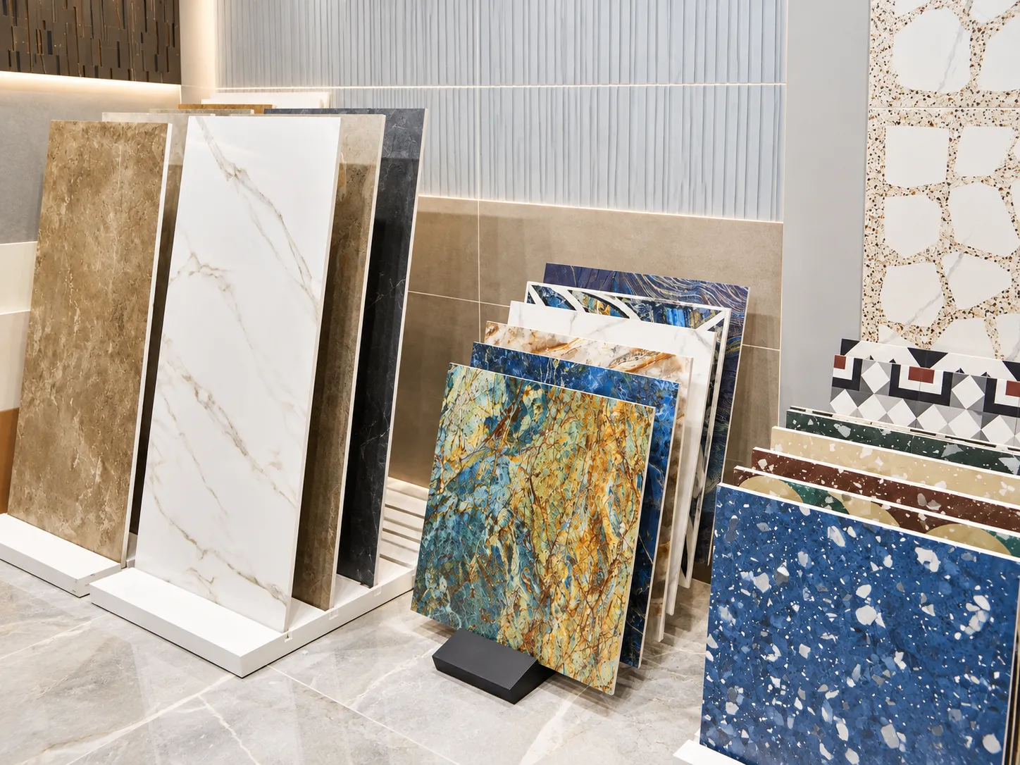 Porcelain tile slabs in marble, stone and patterned finishes on display stands