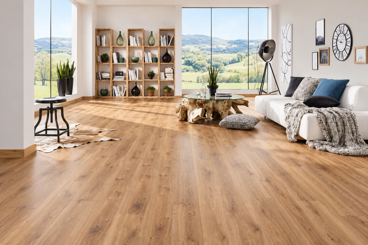 Bright living room with a warm oak floor and large windows