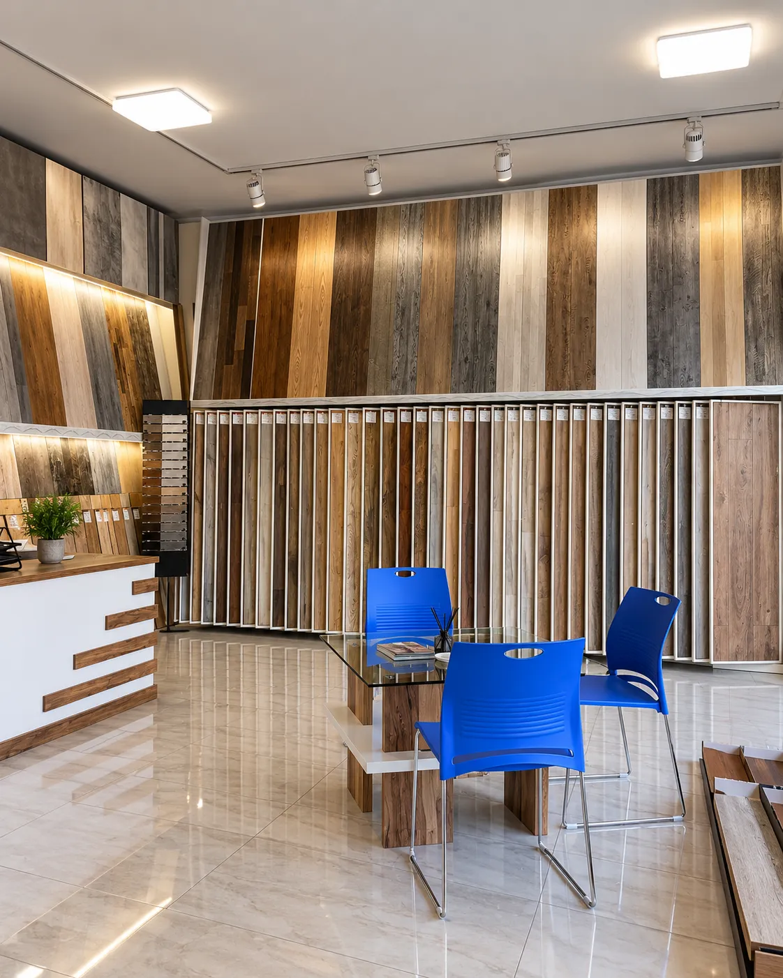 Showroom wall of wood-effect panels beside a glossy tiled floor and seating area